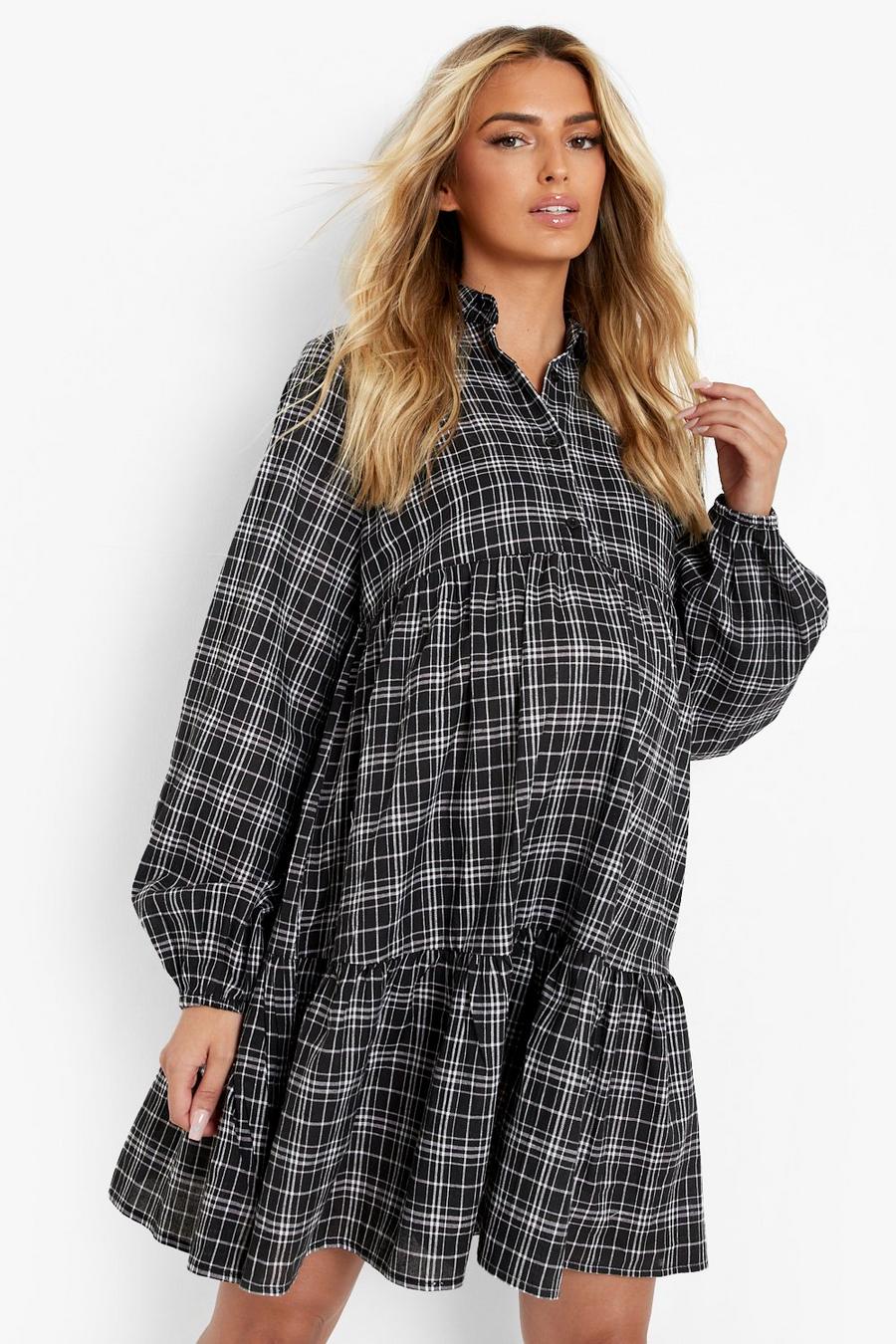 Black Maternity Check Tiered Shirt Smock Dress image number 1