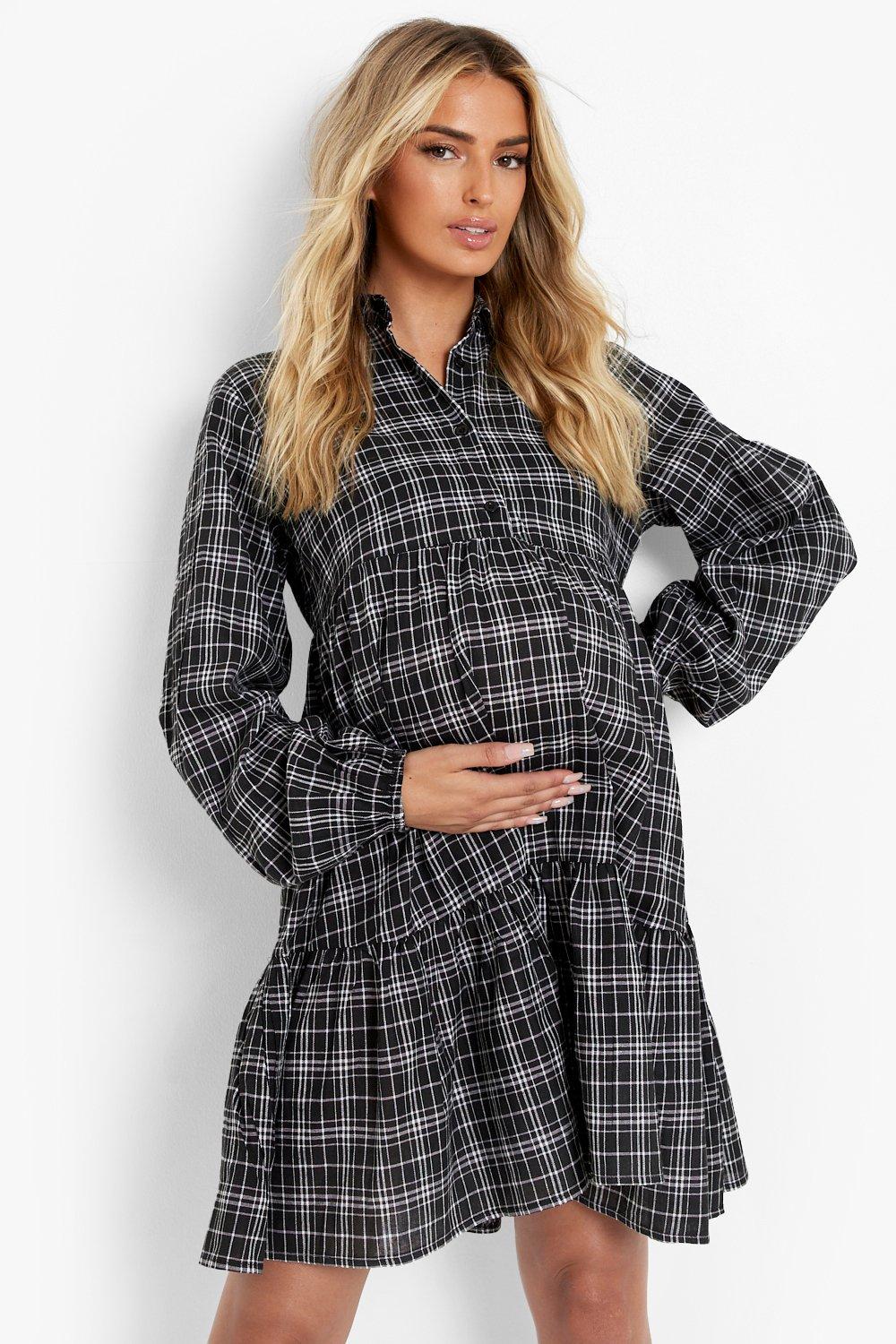 Maternity Flannel Tiered Shirt Smock Dress boohoo USA