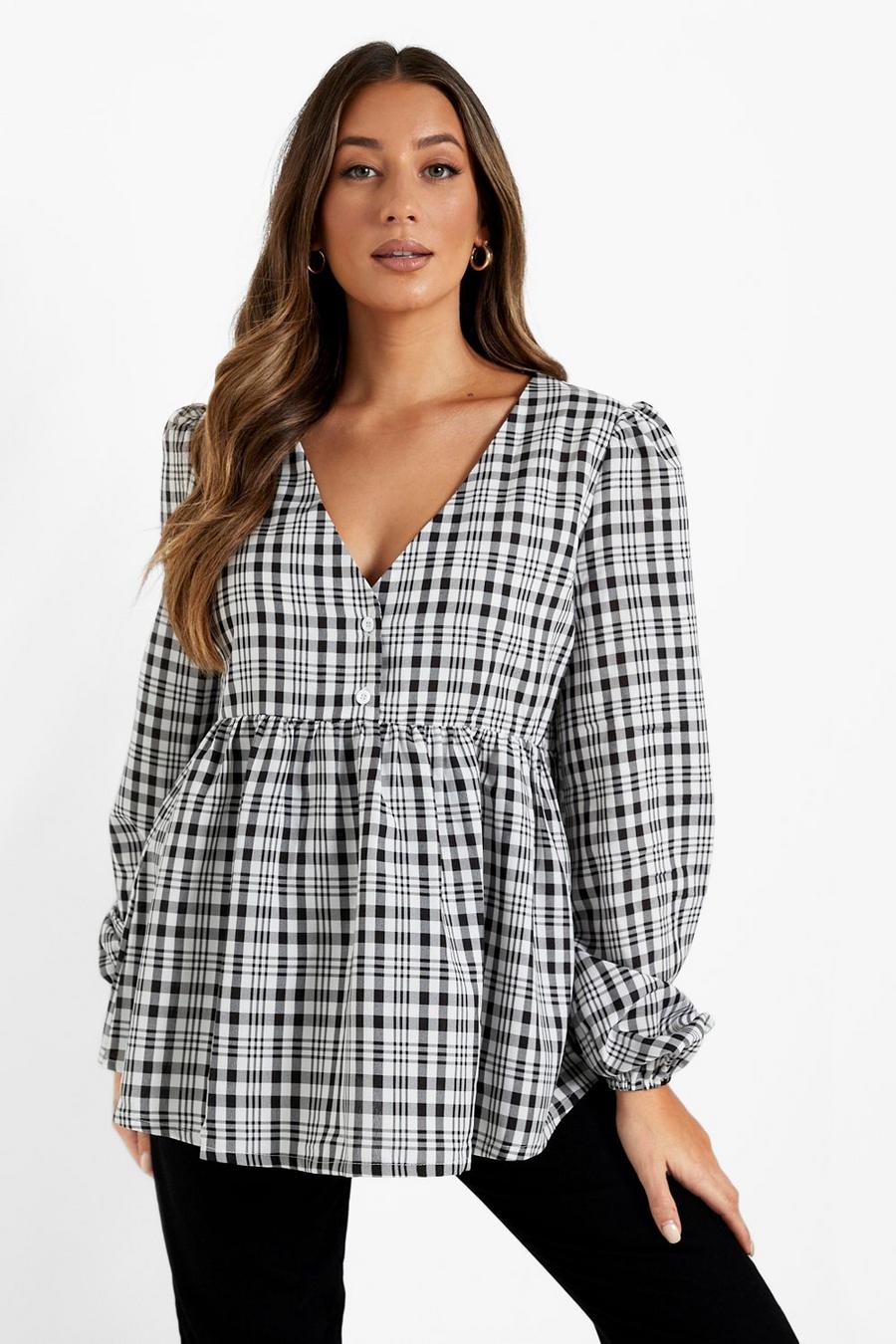 Black Maternity Check Button Down Smock Top image number 1