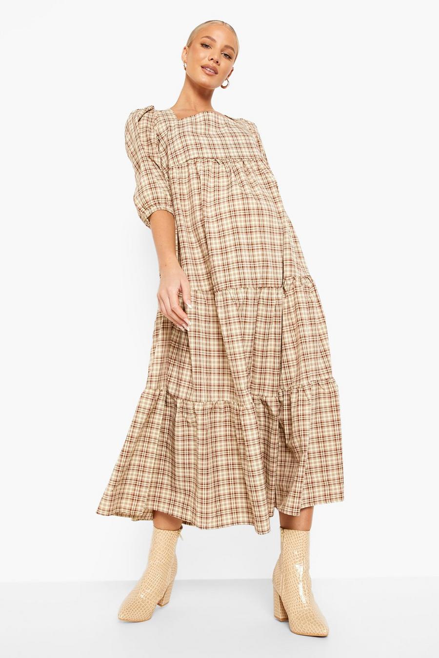 Rust Maternity Check Tiered Midaxi Dress image number 1