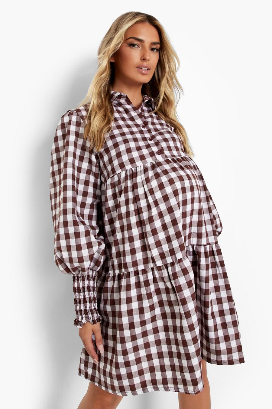 Chocolate Maternity Check Frill Skater Dress image number 1