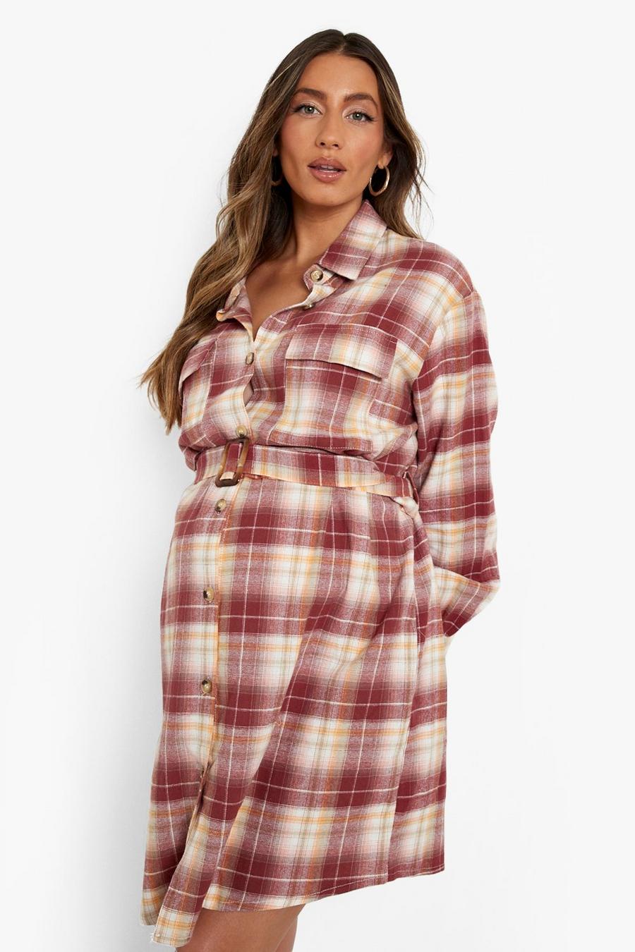 Rust Maternity Flannel Belted Shirt Dress image number 1