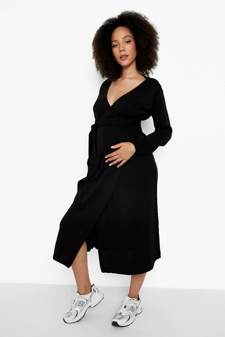 Black Maternity Knit Wrap Tie Midi Dress image number 1