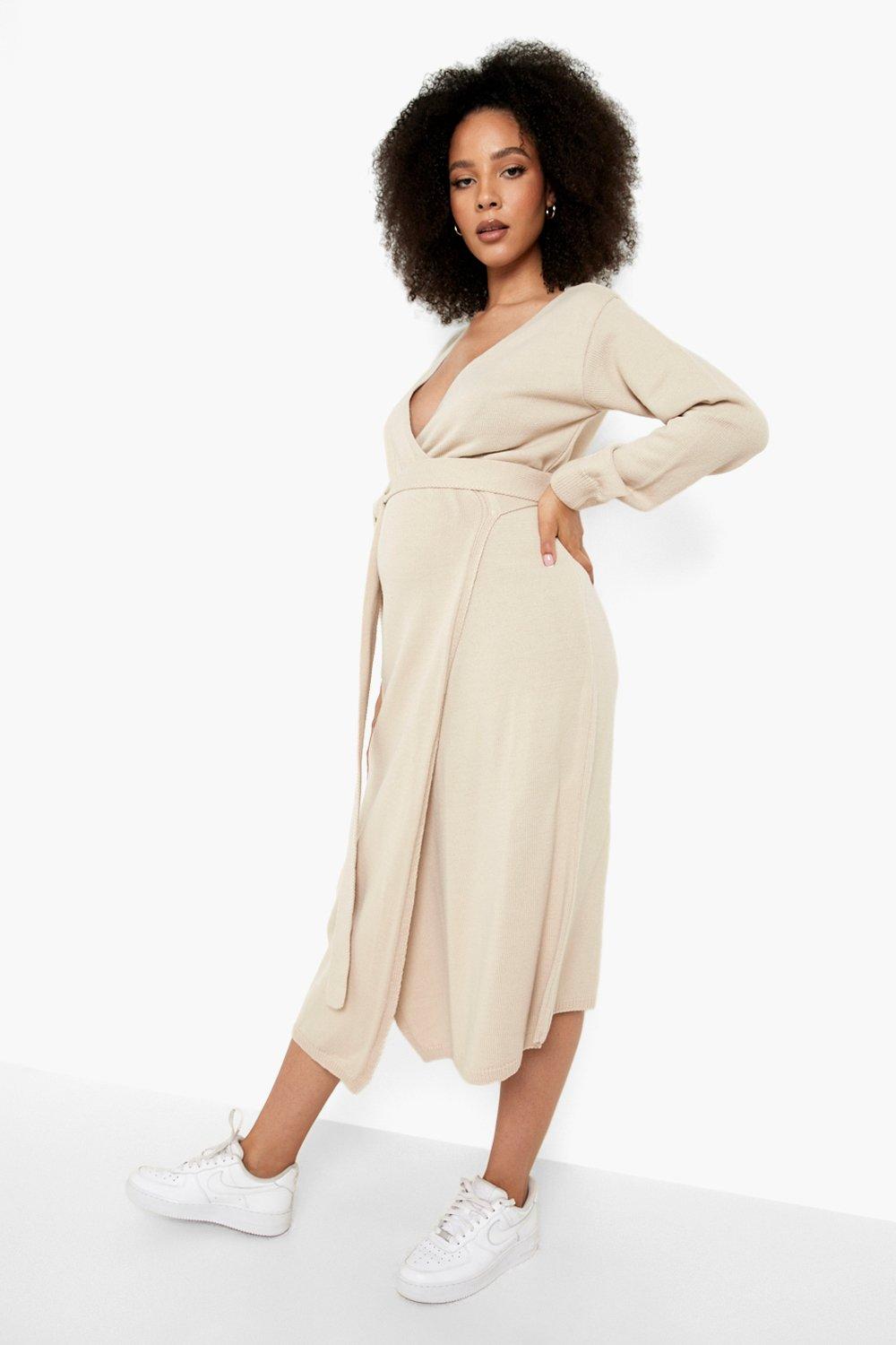 Maternity Knit Wrap Tie Midi Dress boohoo IL