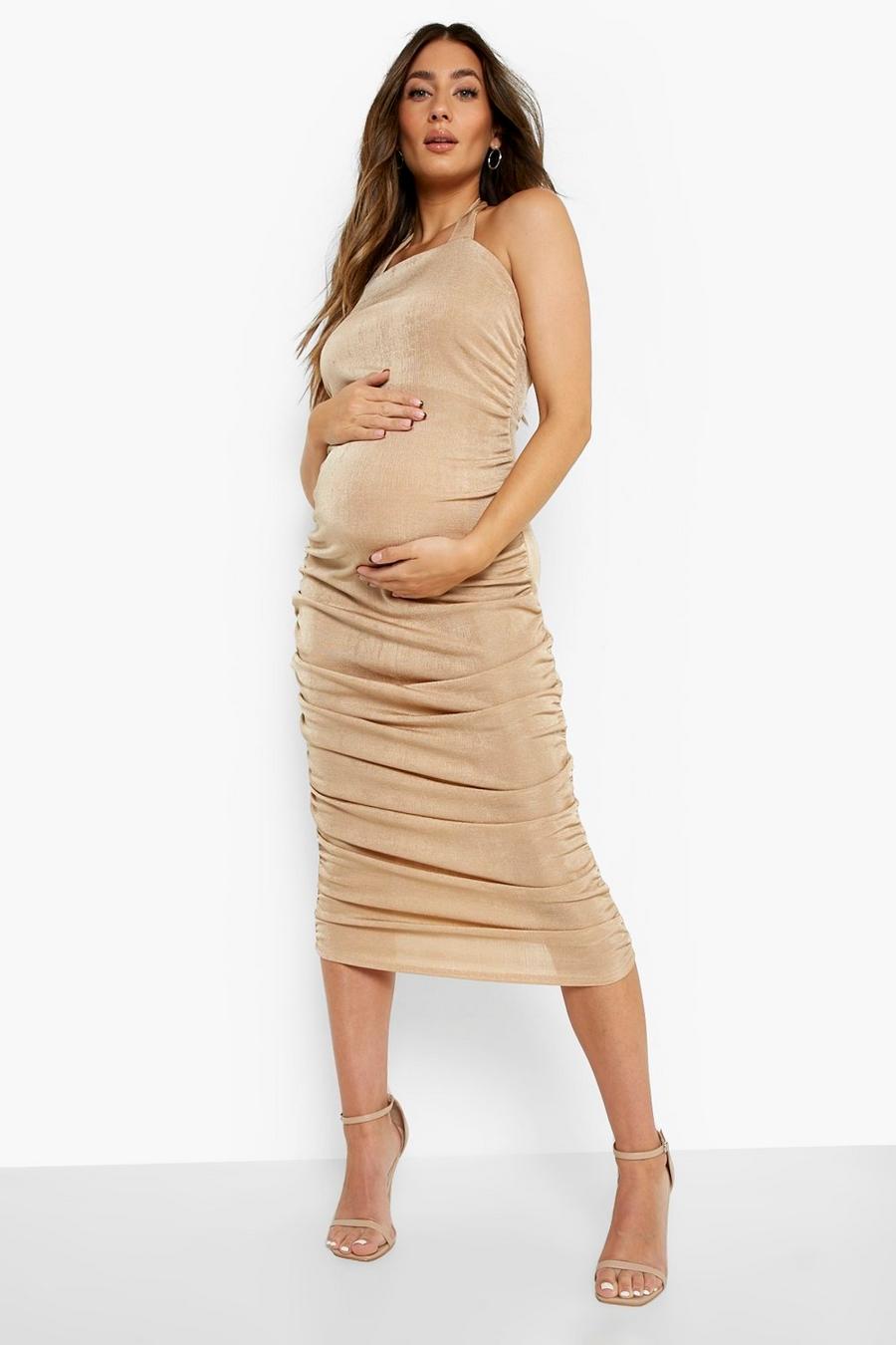 Stone Maternity Slinky Halter Ruched Midi Dress image number 1