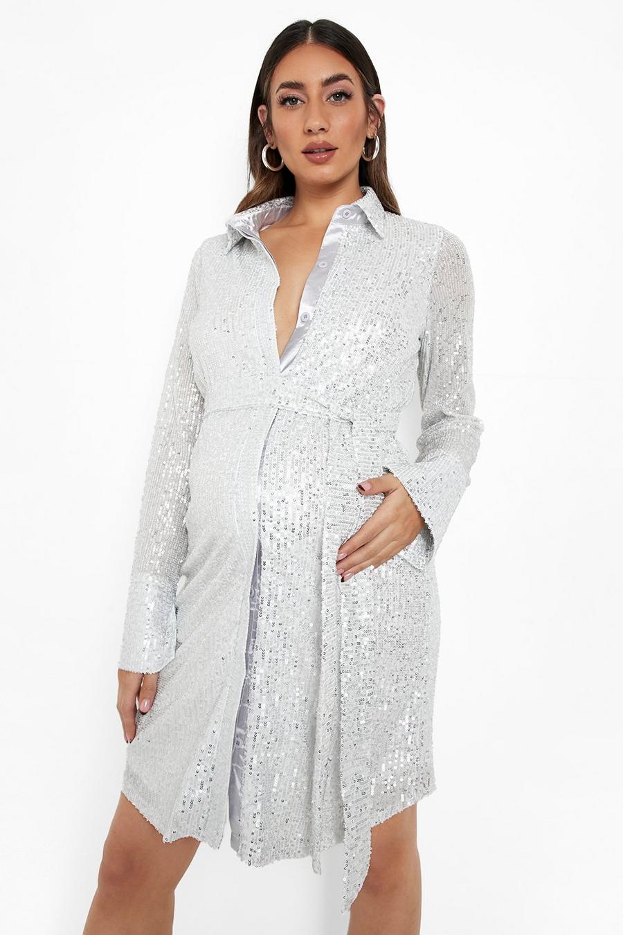 Silver Maternity Sequin Belted Shirt Dress image number 1