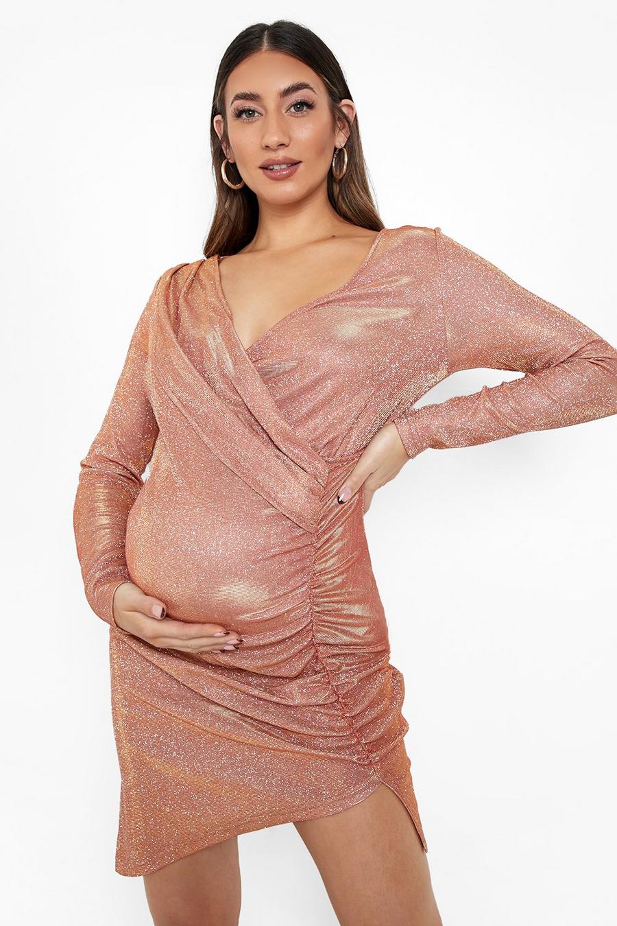 Bronze Maternity Glitter Drape Asymmetric Hem Dress image number 1
