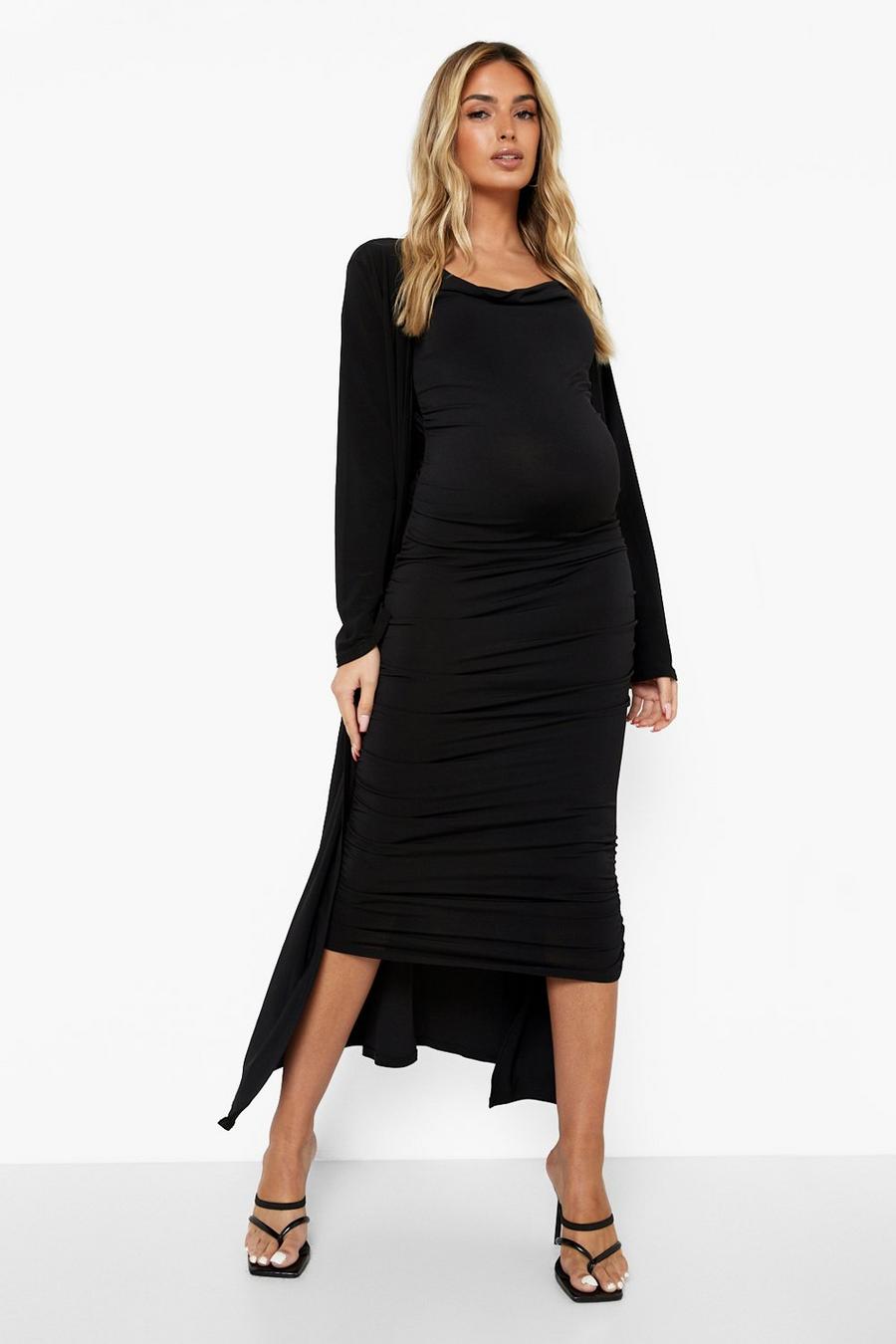 Black Maternity Strappy Cowl Neck Dress And Duster Coat image number 1