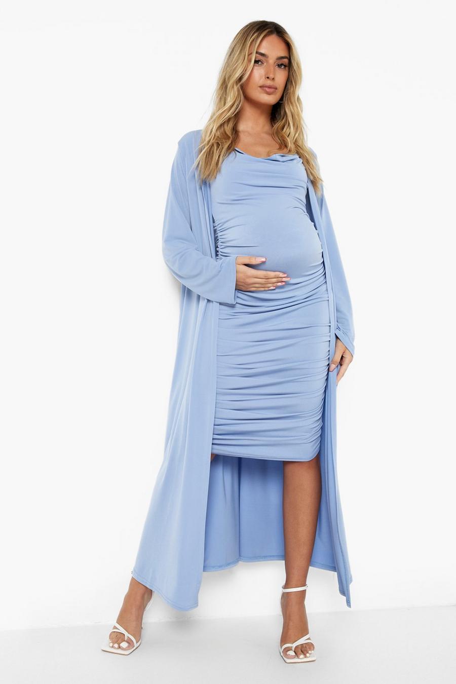 Umstandsmode Kleid mit Wasserfallausschnitt & Duster-Mantel, Blue blau