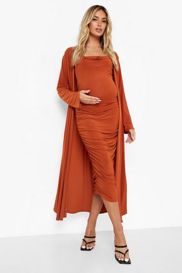 Maternity Strappy Cowl Neck Dress And Duster Coat rust