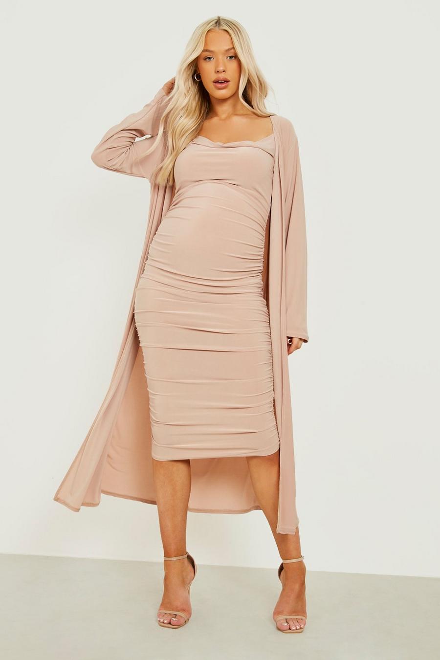 Stone beige Maternity Strappy Cowl Neck Dress And Duster Coat