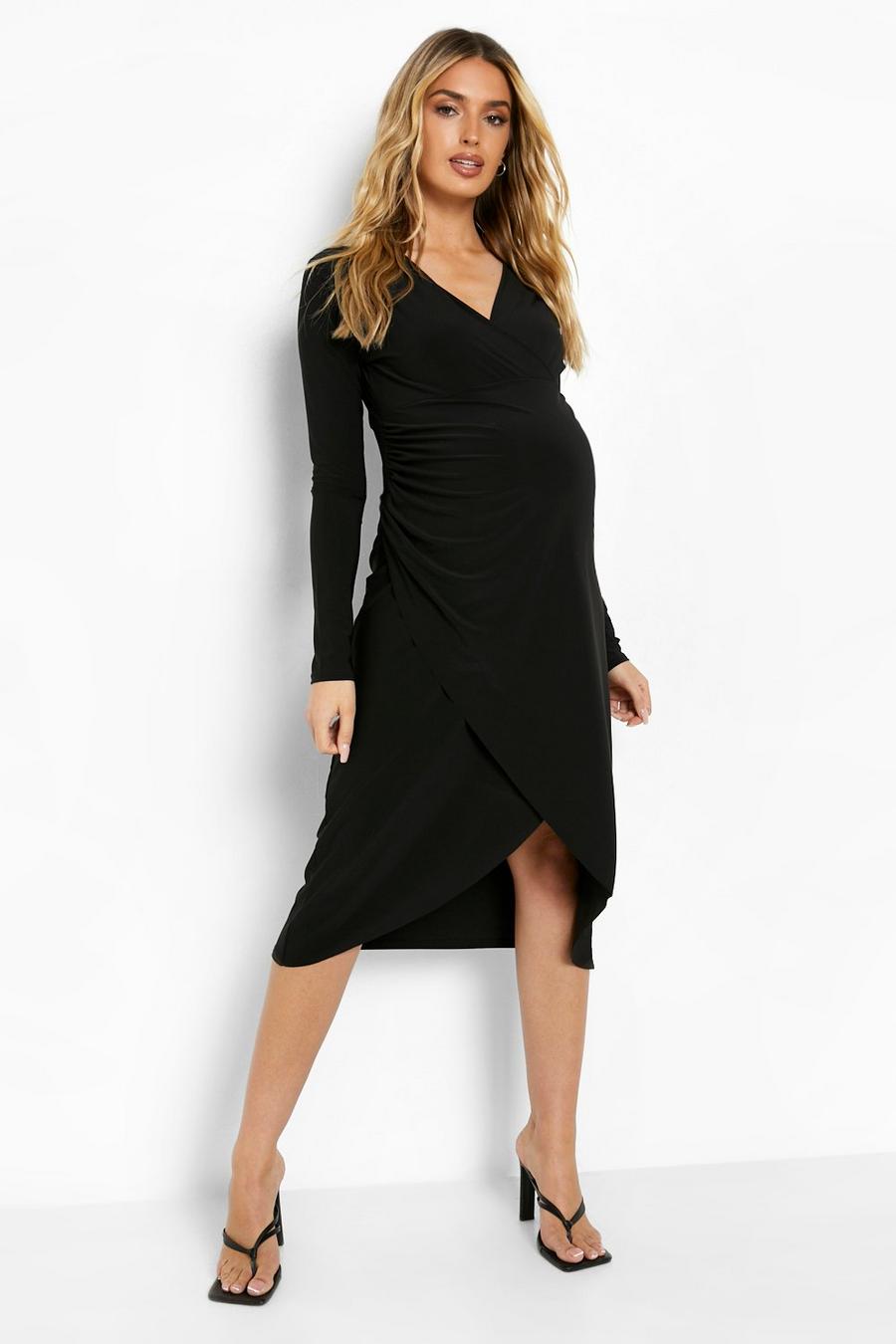 Black Maternity Slinky Wrap Ruched Midi Dress image number 1