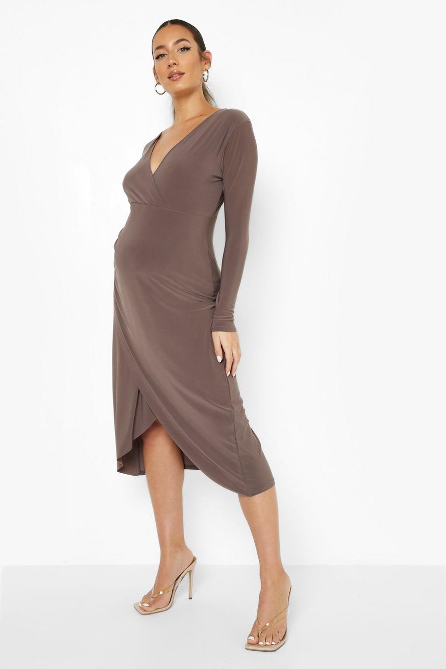 Mocha beige Maternity Slinky Wrap Ruched Midi Dress