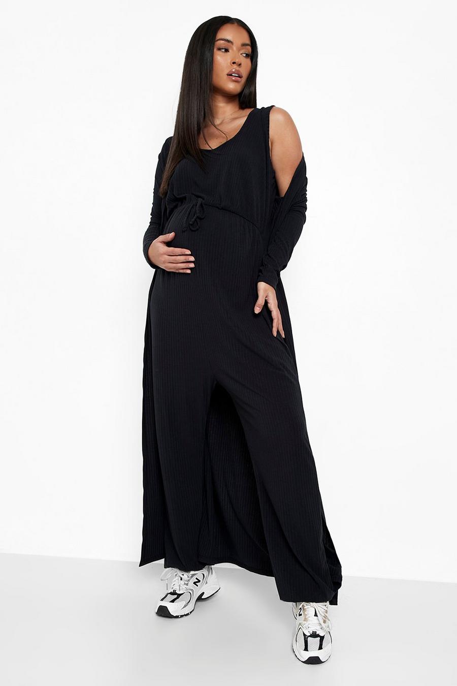 Black Maternity Lounge Jumpsuit And Cardigan image number 1