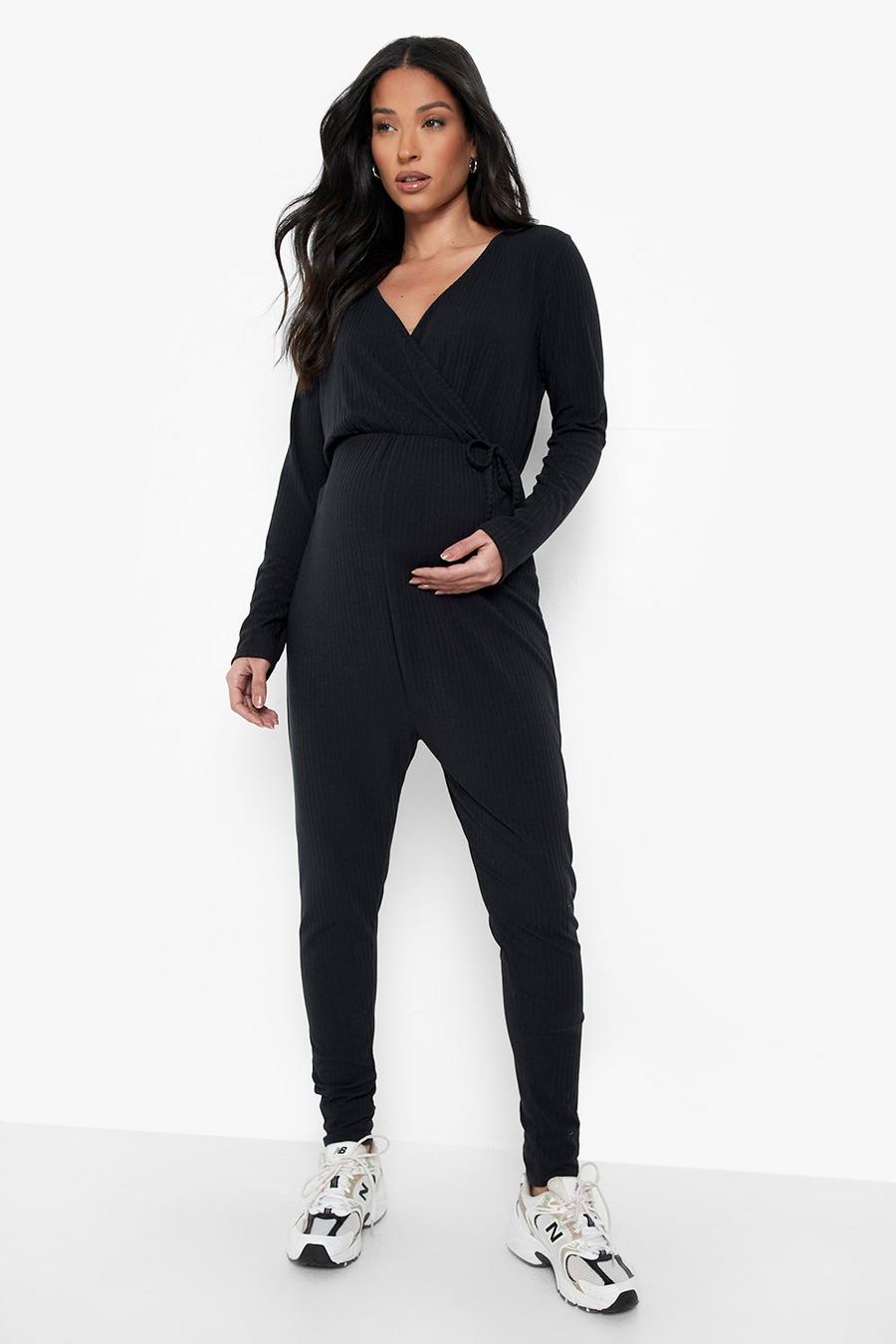 Black Maternity Soft Rib Wrap Lounge Jumpsuit image number 1