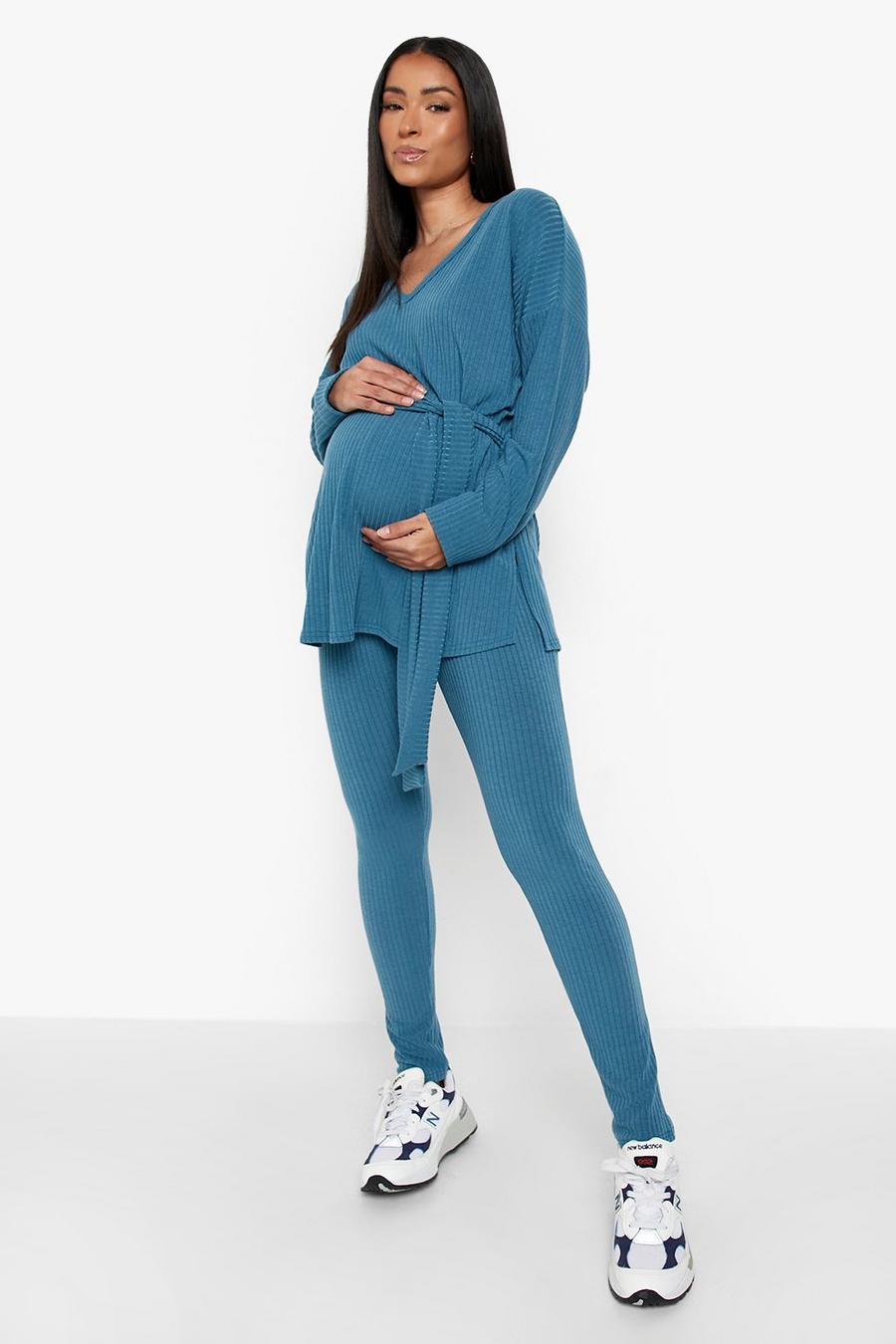 Blue Maternity Soft Rib Tie Waist Loungewear Set image number 1