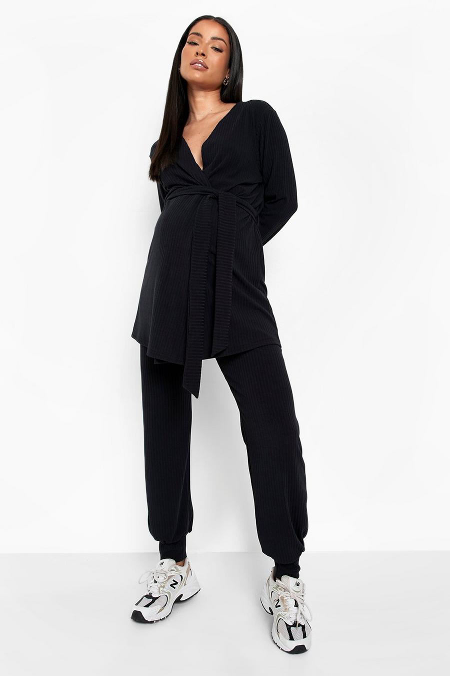 Black Maternity Wrap Top And Track Pants Loungewear Set image number 1