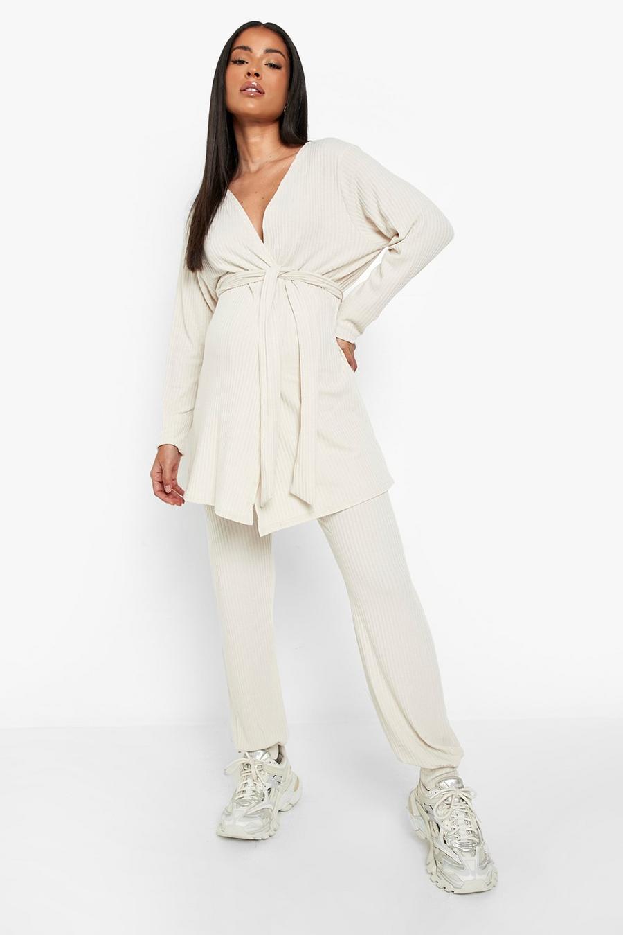 Ecru white Maternity Wrap Top And Joggers Loungewear Set image number 1