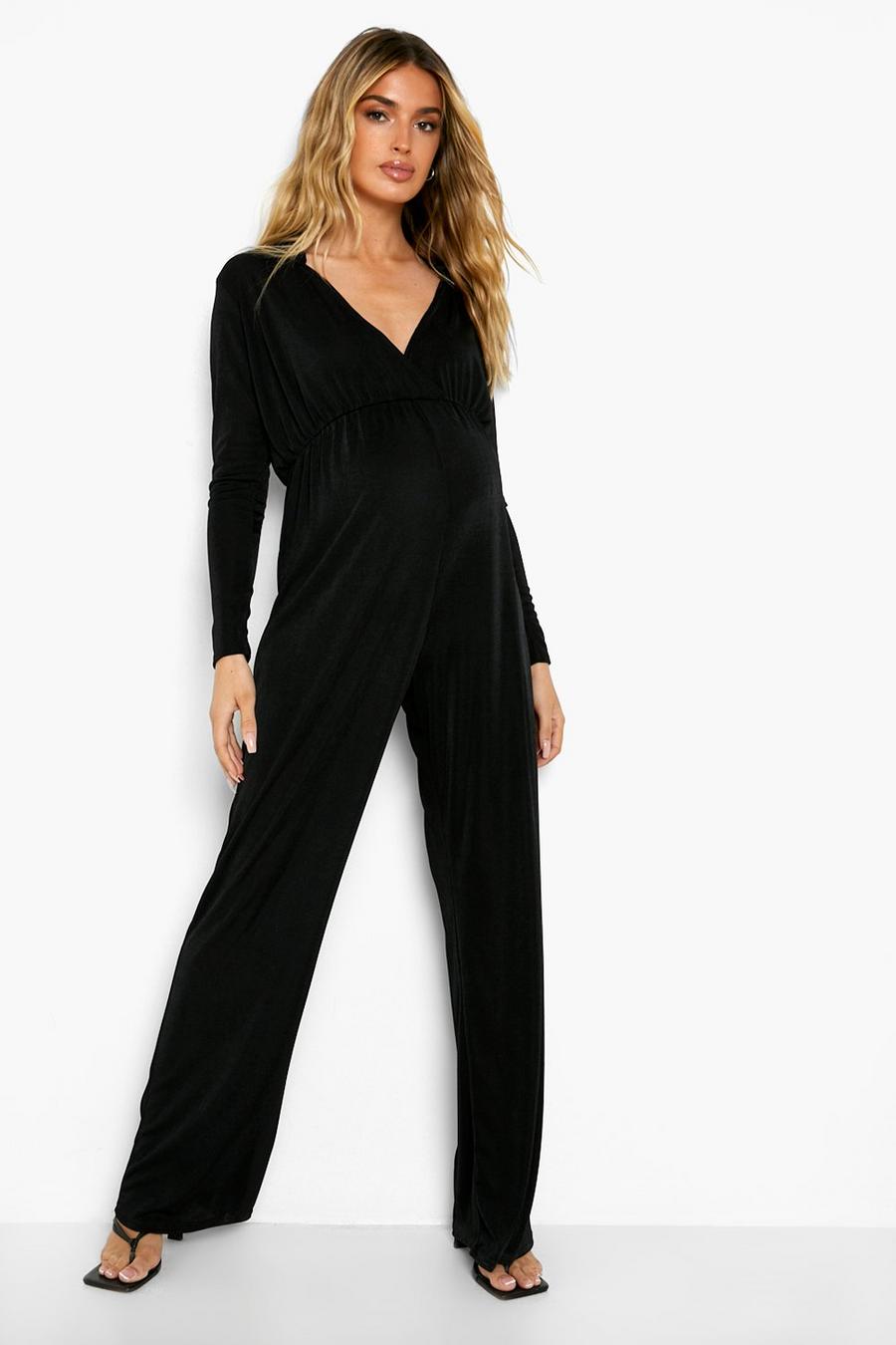 Black Maternity Collared Wide Leg Jumpsuit image number 1