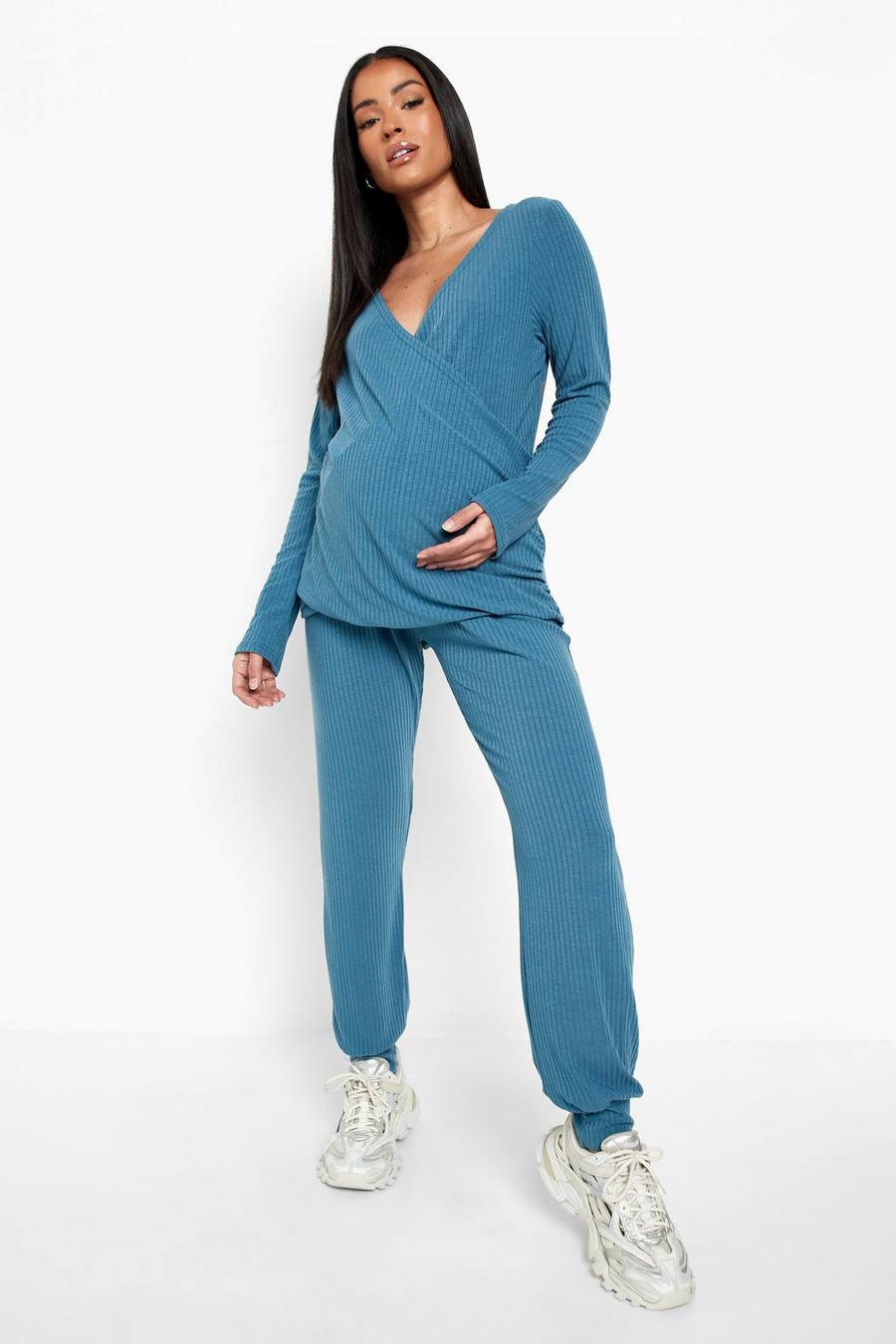 Blue blau Maternity Nursing Wrap Top Loungewear Set