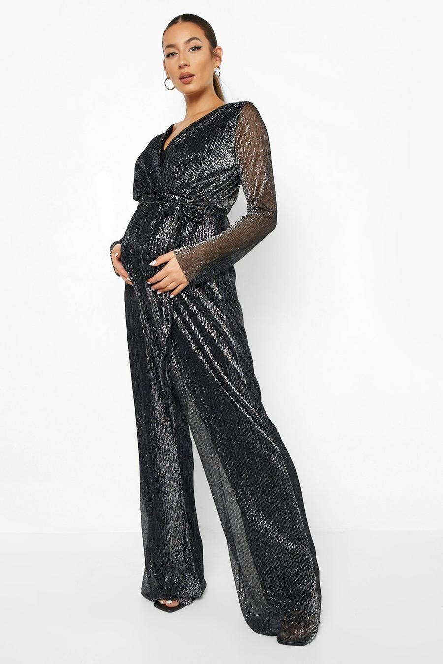 Black Maternity Shimmer Pleated Wrap Jumpsuit image number 1
