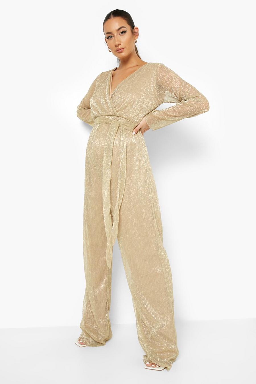 Gold metallic Maternity Shimmer Pleated Wrap Jumpsuit