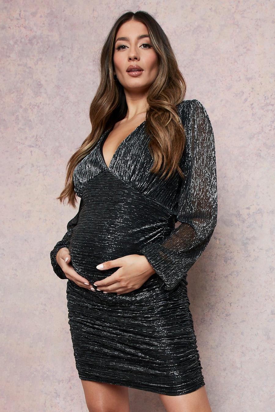 Black Maternity Shimmer Metallic Ruched Bodycon Dress image number 1