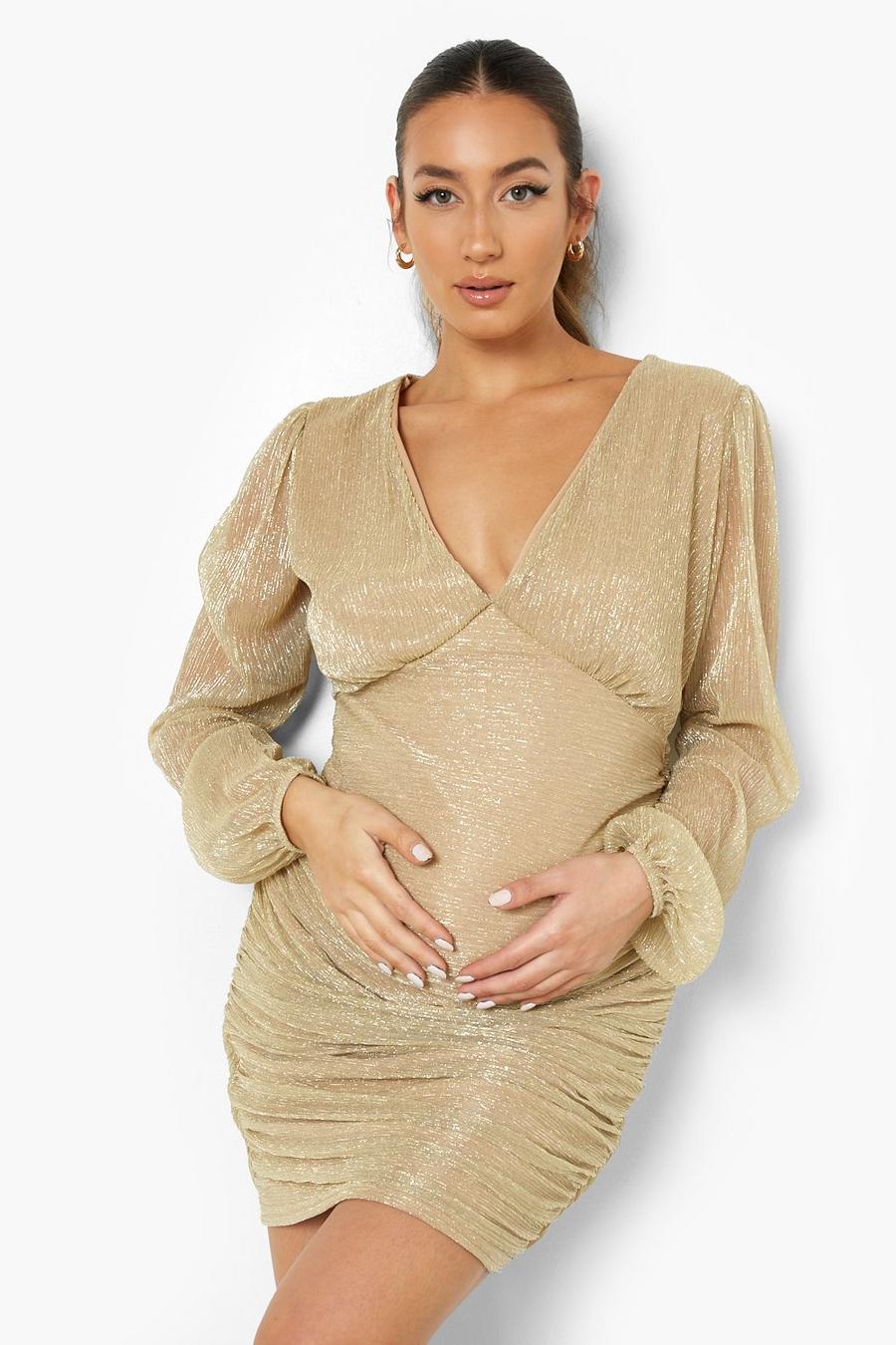 Gold Maternity Shimmer Metallic Ruched Bodycon Dress image number 1