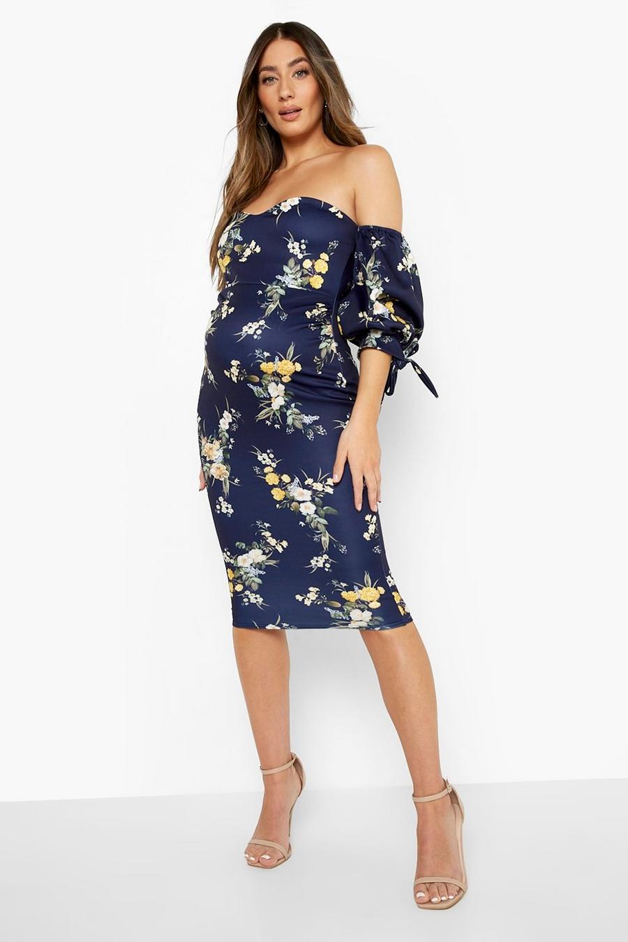 Navy marineblau Maternity Floral Off The Shoulder Midi Dress