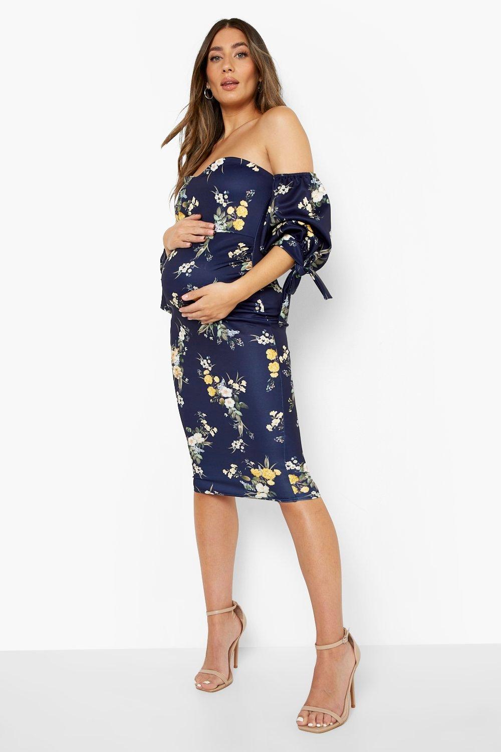 navy blue floral off the shoulder dress