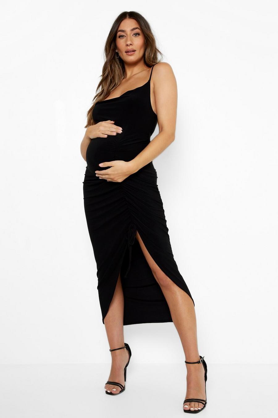 Black Maternity Cowl Neck Ruched Midaxi Dress image number 1