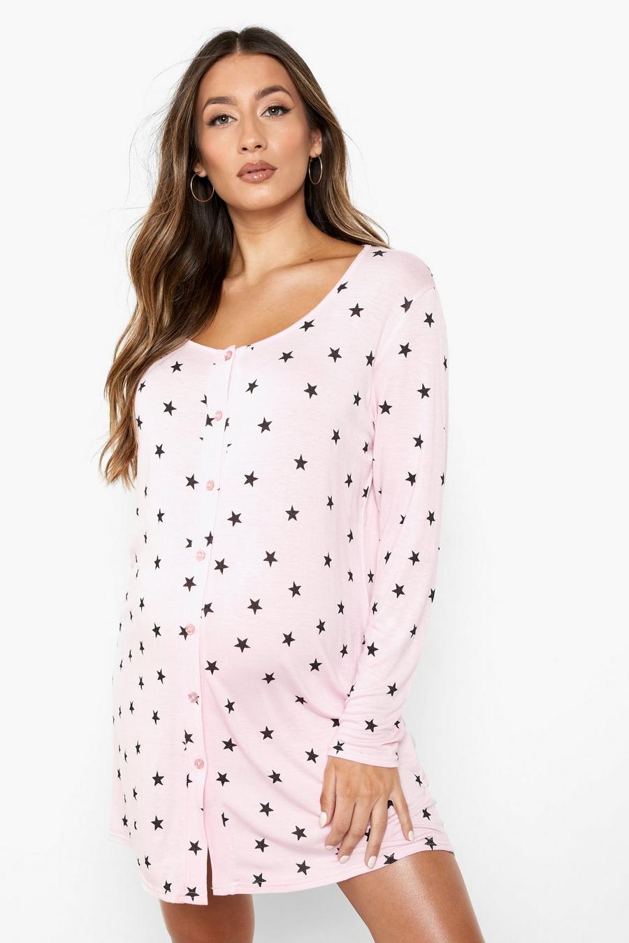 Baby pink Mammakläder - Långärmat nattlinne med stjärnor och knappar image number 1