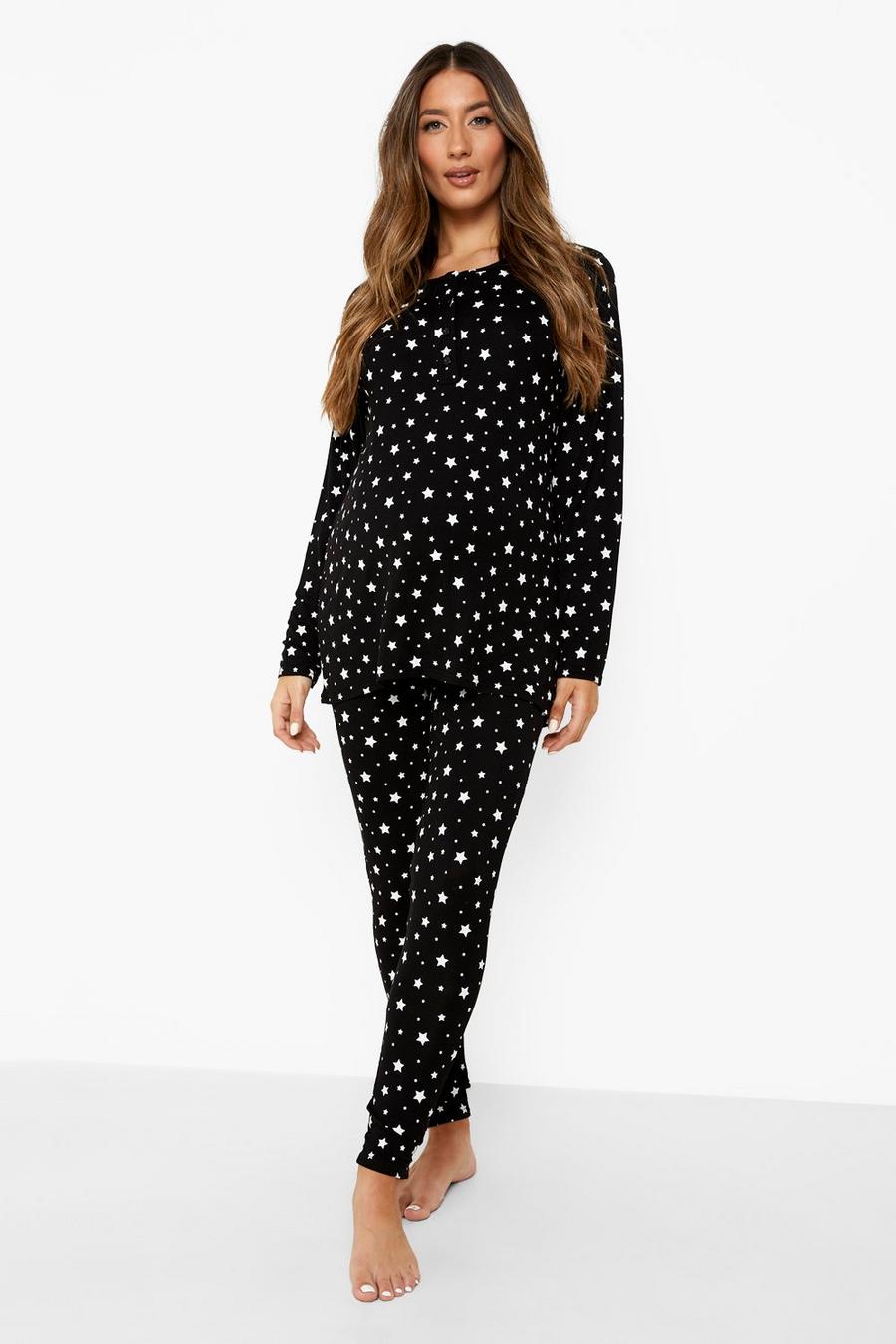 Black Maternity Button Front Star Print Pajama Set image number 1
