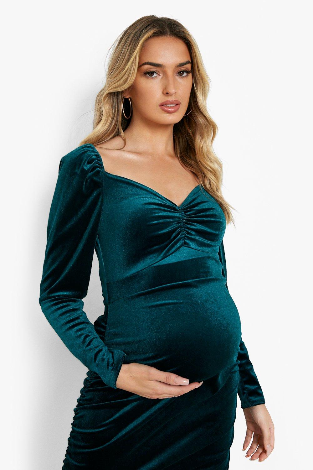 Maternity Velvet Ruched Sleeve Midi Dress boohoo UK