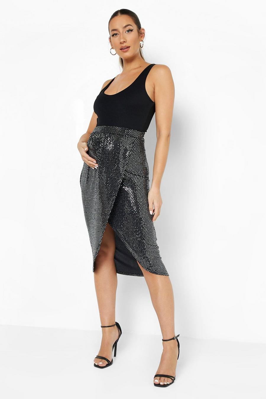 Black Maternity Shimmer Wrap Midi Skirt image number 1