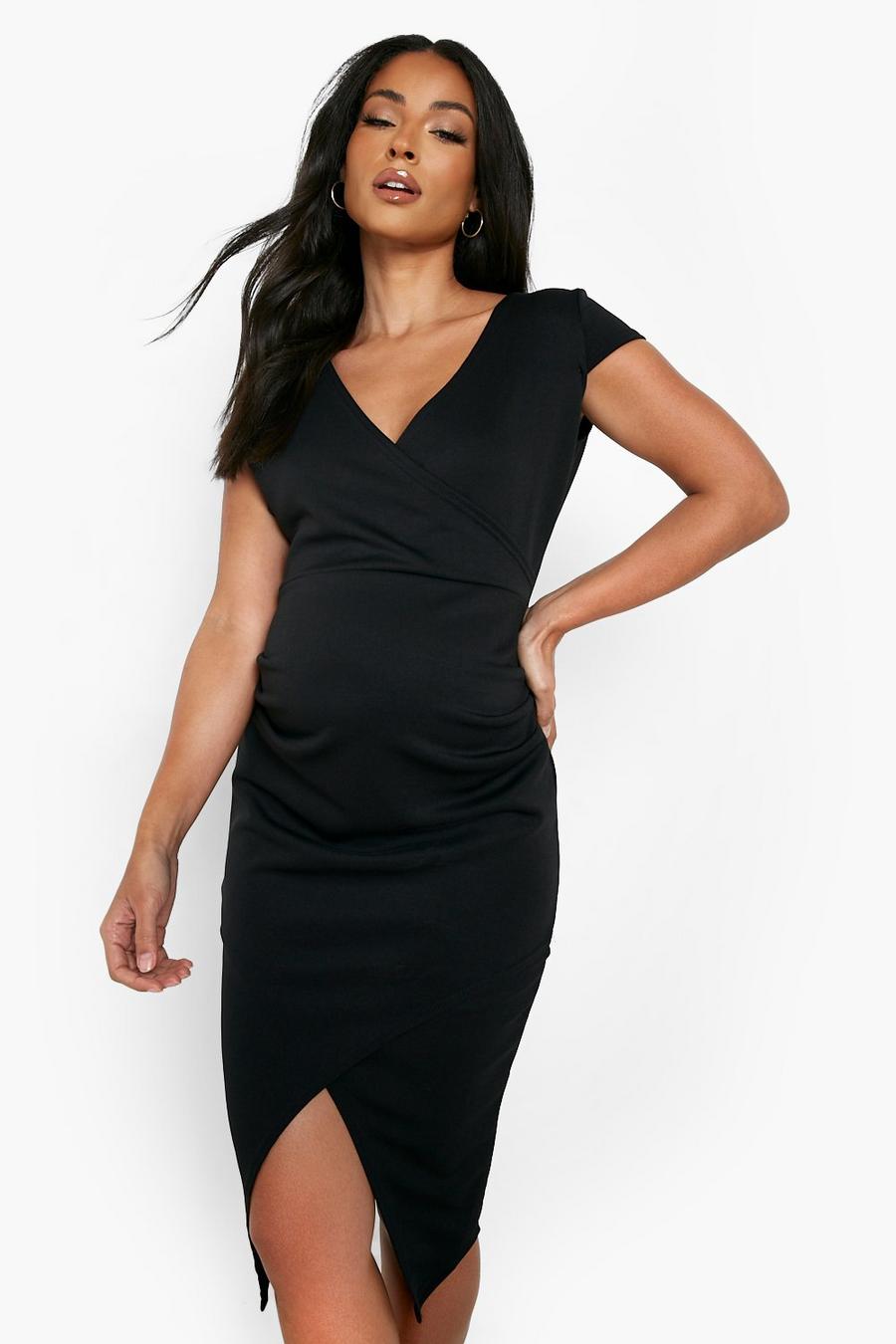 Black Maternity Wrap Front Midi Dress image number 1