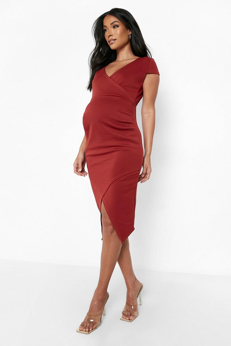 Wine red Maternity Wrap Front Midi Dress