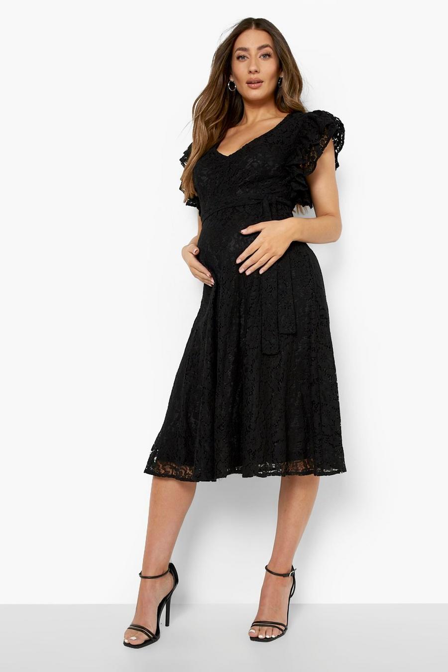Black Maternity Lace Ruffle Skater  Midi Dress