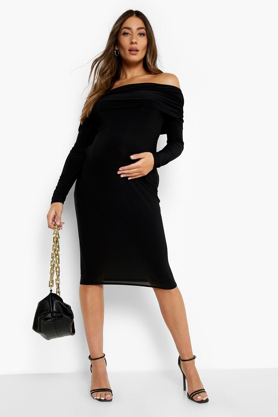 Black Maternity Bardot Overlay Midi Dress image number 1