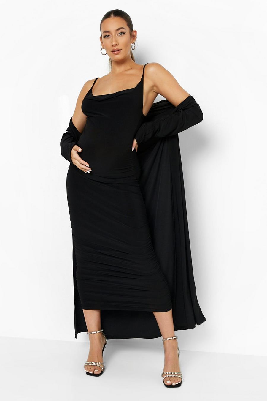 Umstandsmode Kleid mit Wasserfallausschnitt und Duster-Mantel, Black image number 1