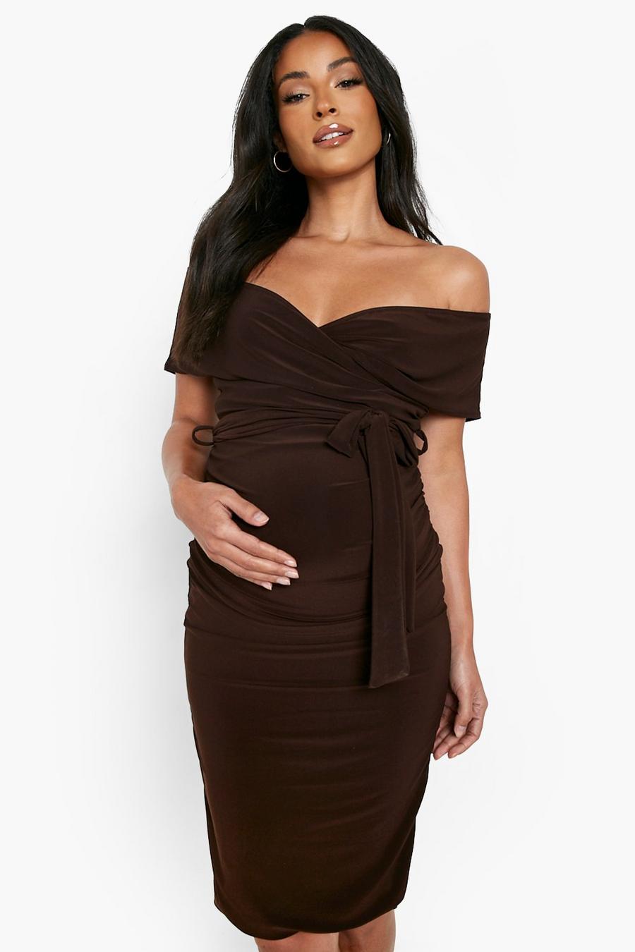 Chocolate brown Maternity Off The Shoulder Tie Waist Dress