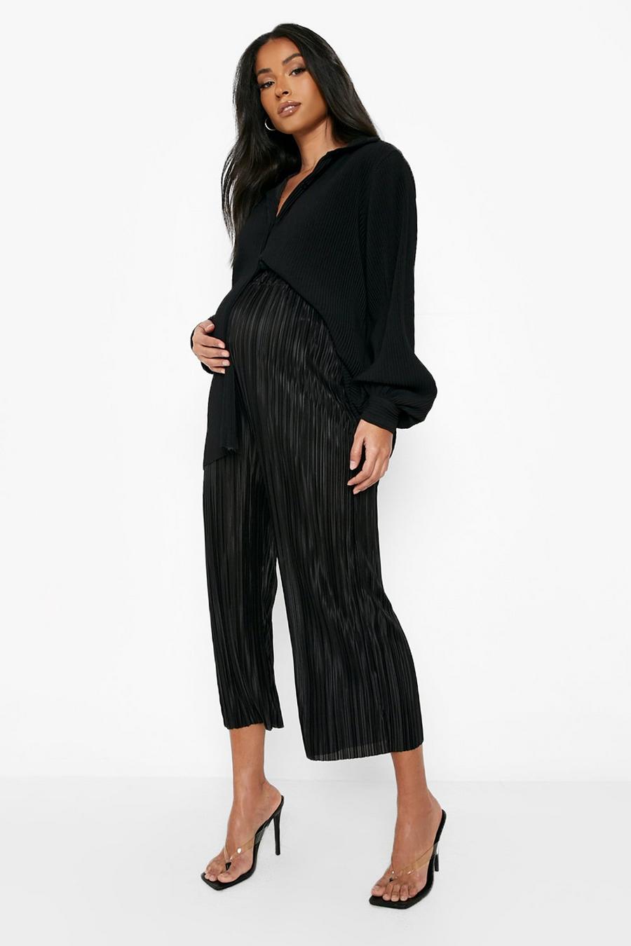 Black Maternity Plisse Culotte Trousers image number 1