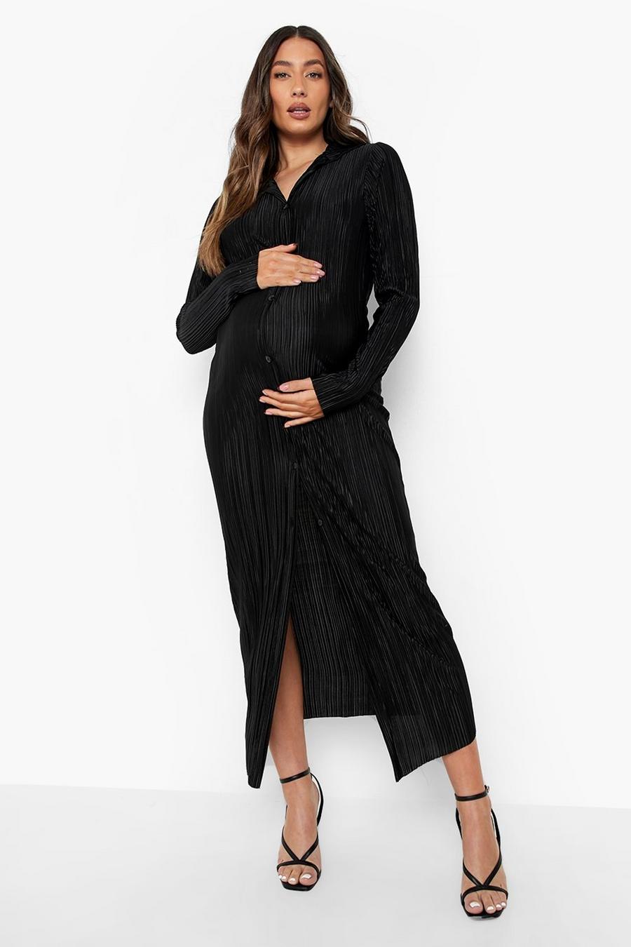 Maternité - Robe chemise effet plissé, Black schwarz