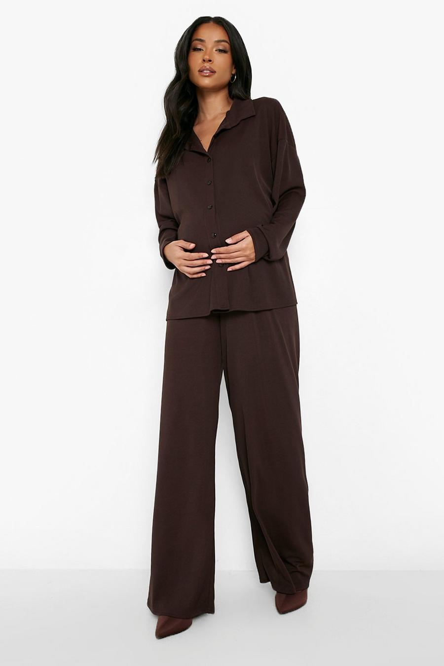 Chocolate Maternity Wide Leg Rib Trousers image number 1