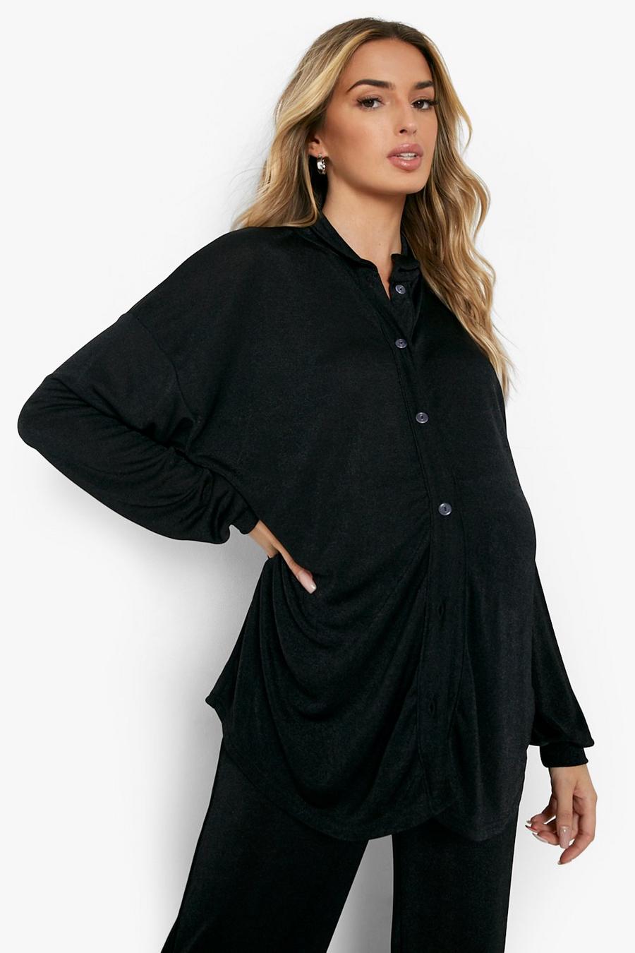 Black Maternity Textured Slinky Relaxed Shirt image number 1