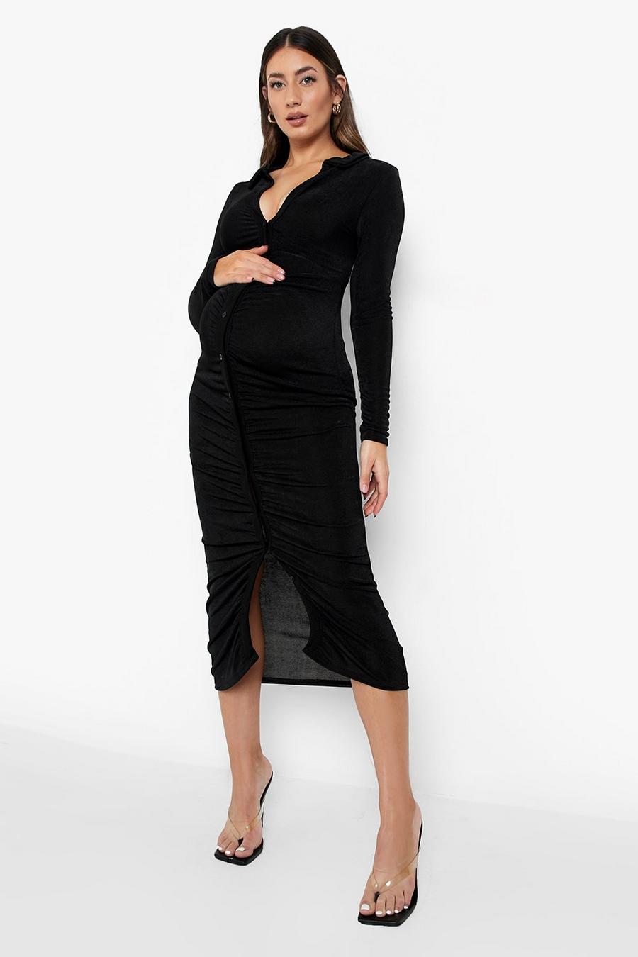 Black Maternity Textured Slinky Midaxi Shirt Dress image number 1