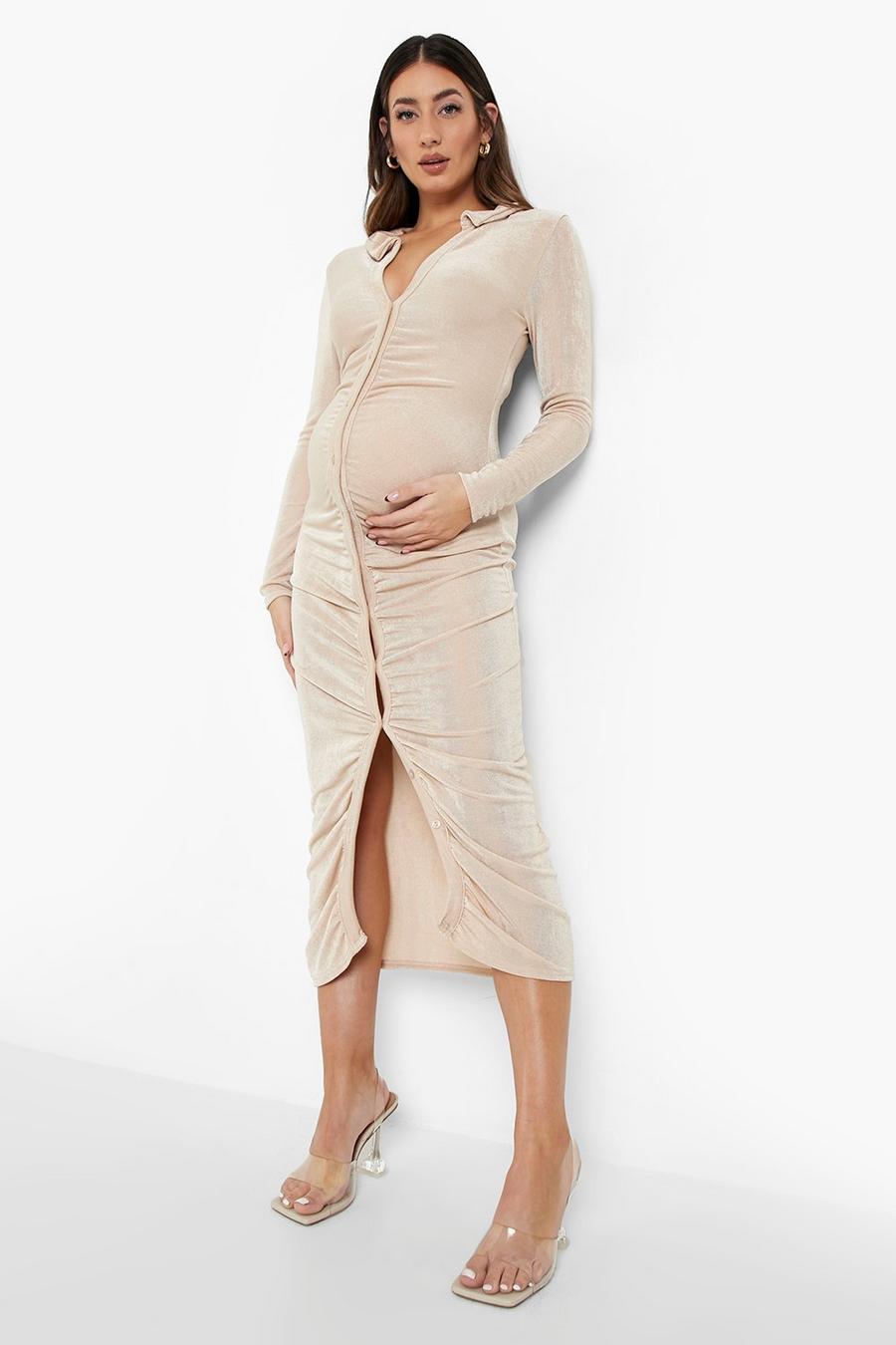 Maternité - Robe chemise de grossesse mi-longue moulante texturée, Light stone image number 1