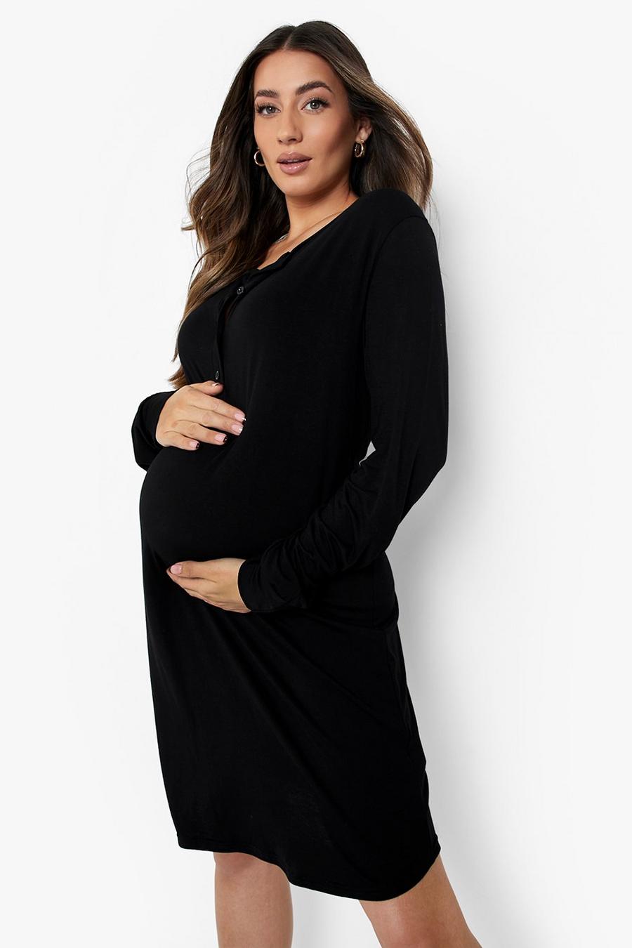 Black Maternity Long Sleeve Half Button Nightie image number 1