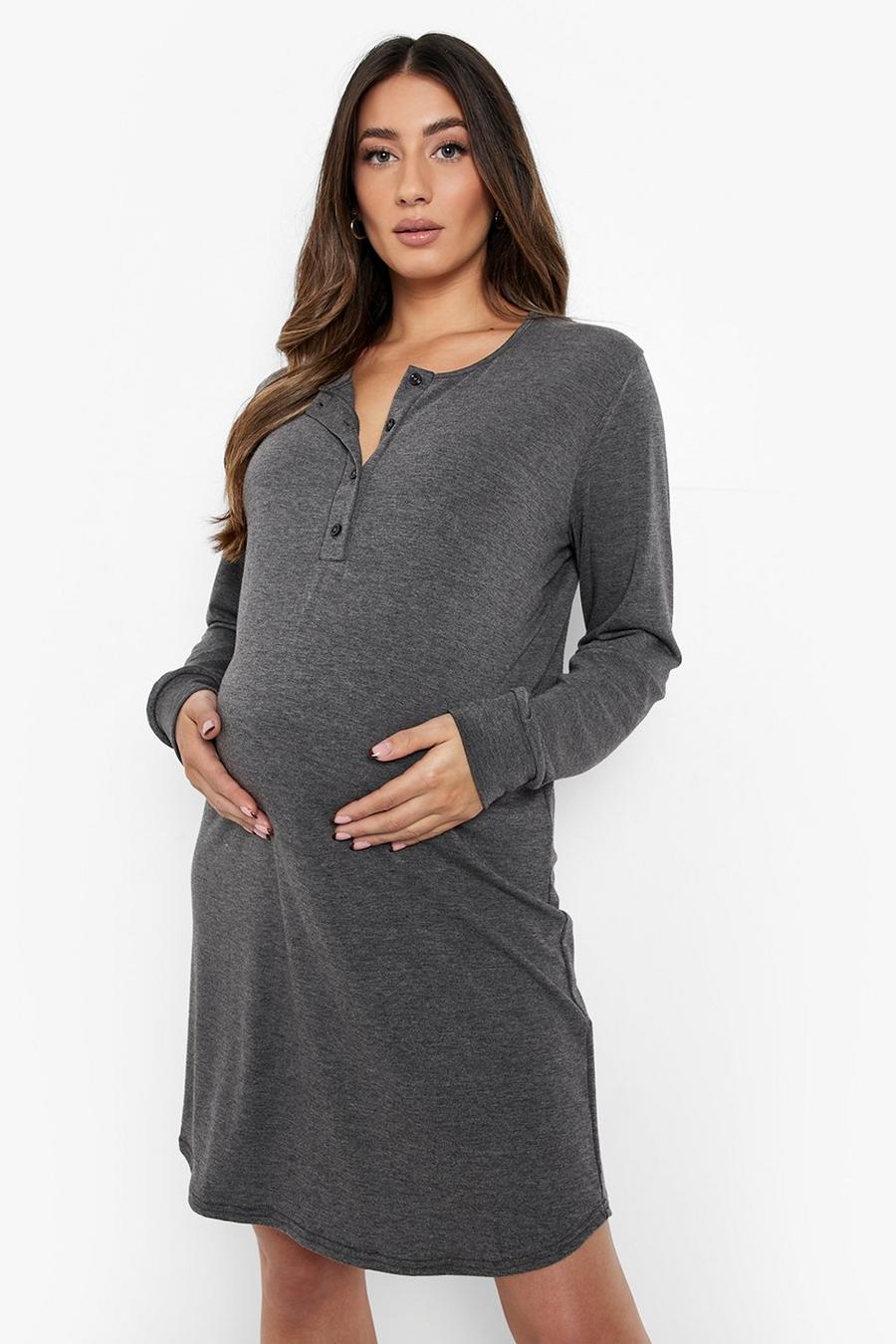 Grey marl Maternity Long Sleeve Half Button Nightie