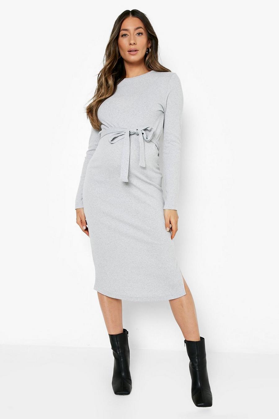 Grey marl Maternity Tie Waist Rib Midi Dress image number 1
